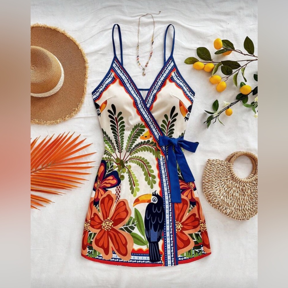 NEW Tropical Print Wrap Dress with Blue Accents